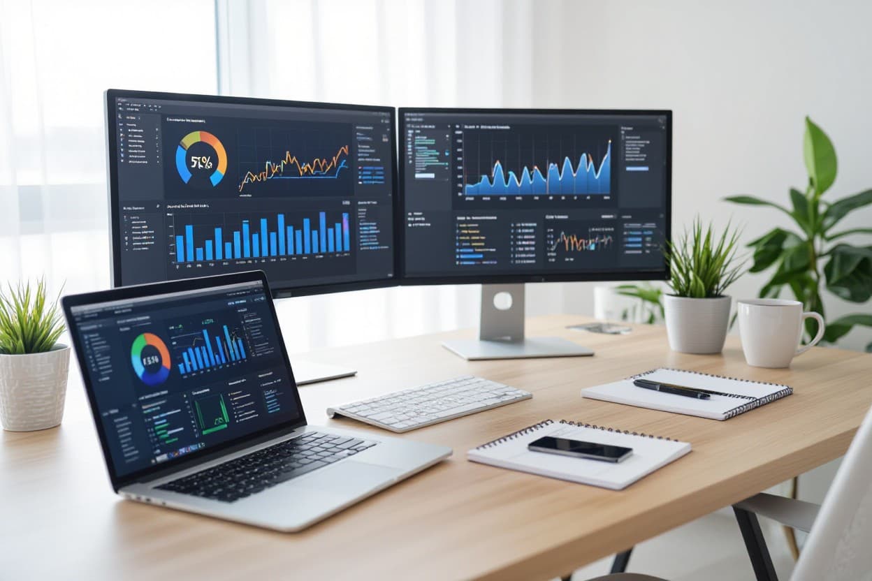 Analyzing website data and graphs on a laptop in a modern office, illustrating the impact of SEO Services on digital marketing performance