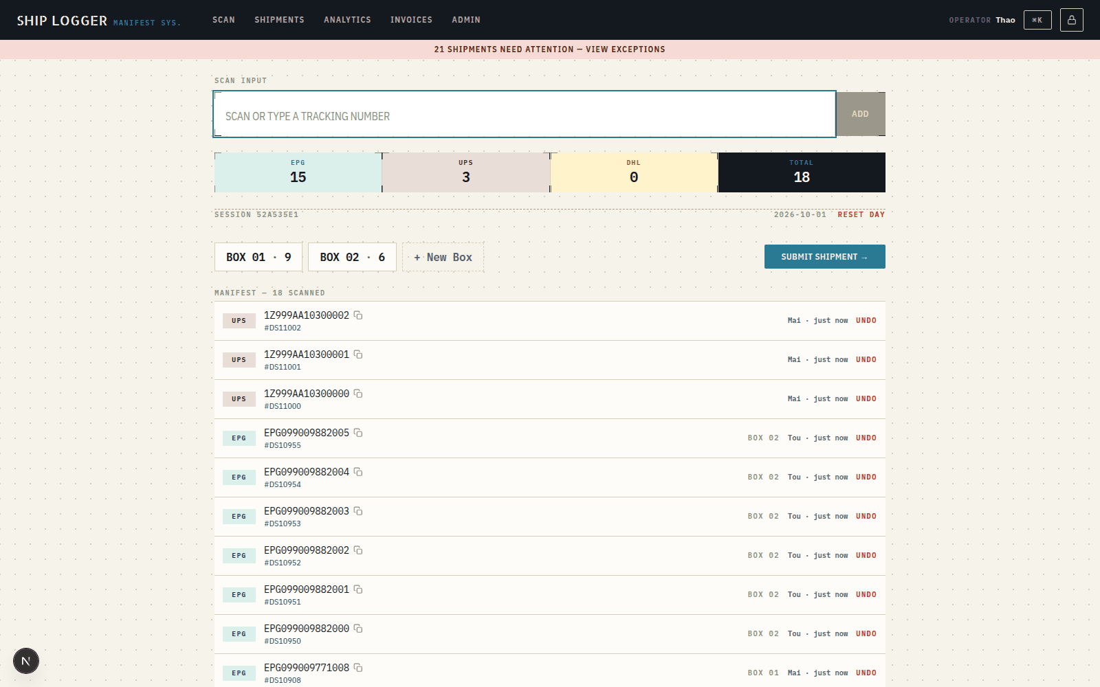Ship Logger: a warehouse scan station for outbound shipments across ePost Global, UPS, and DHL