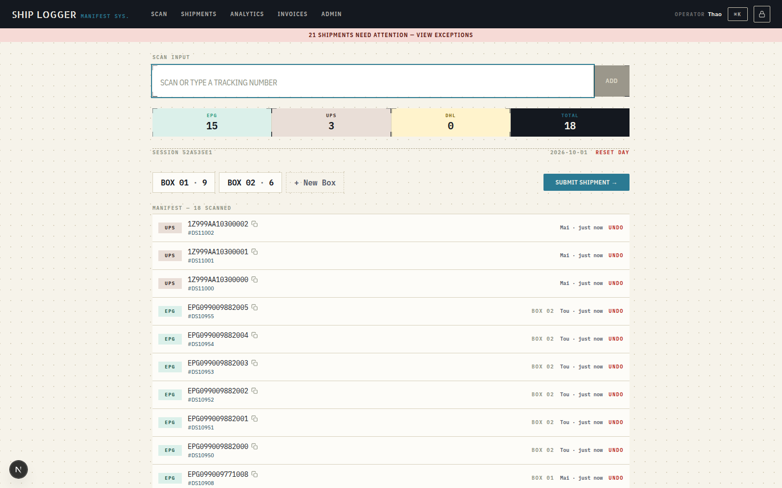 Ship Logger scan screen showing per-carrier totals, box chips, and a live manifest of scanned tracking numbers